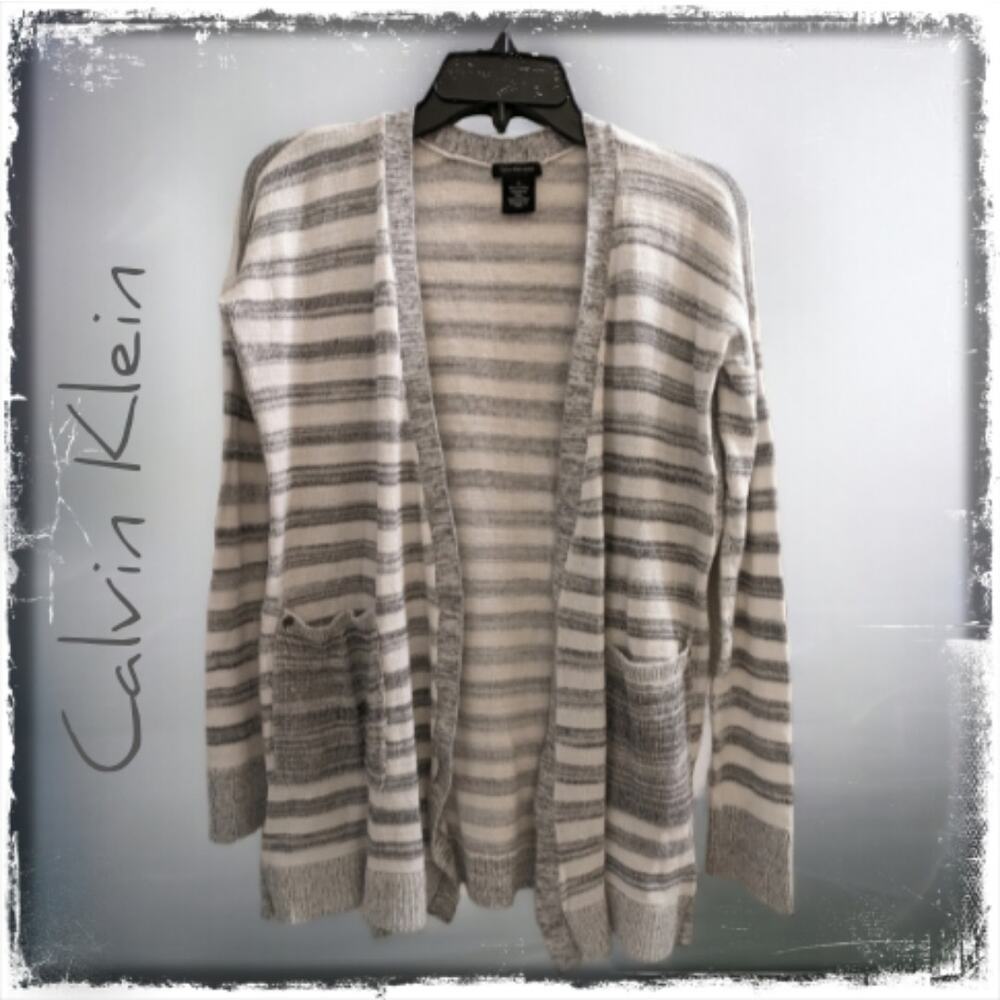 Open Front CALVIN KLEIN JEANS Cardigan Sweater Long. Lightweight. White Gray M